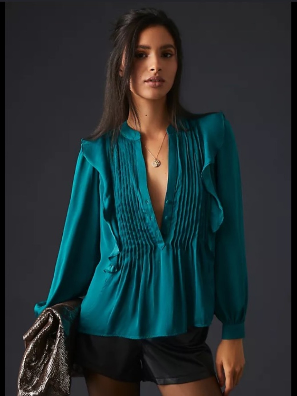Anthropologie Teal Pintuck Ruffle V-Neck Blouse